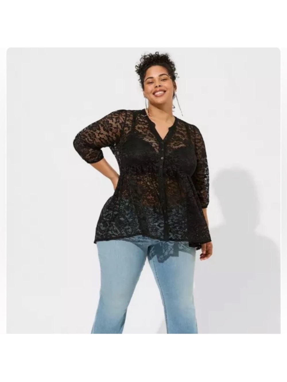 Torrid Black Floral Lace V-Neck Long Sleeve  button down tunic 3XL - Picture 3 of 9